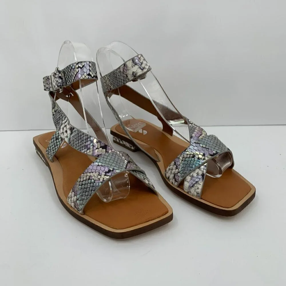 Franco Sarto Ema gray shimmery snake skin ankle strap square toe sandal new 6
